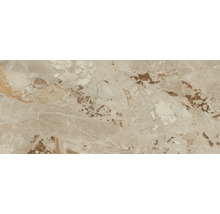 Beige Feinsteinzeugfliese in Marmor-Optik mit brauner Aderung.