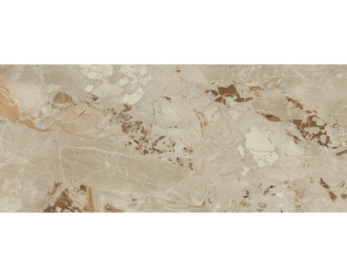 Beige Feinsteinzeugfliese in Marmor-Optik mit brauner Aderung.