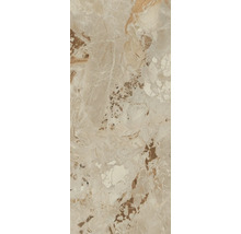 Fliese in Marmoroptik mit beige- und braunfarbenen Aderungen.