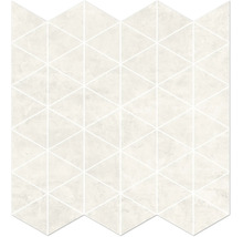 Mosaikfliese aus Feinsteinzeug mit geometrischem Dreiecksmuster in heller Marmoroptik.
