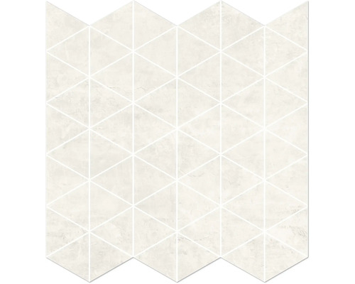 Mosaikfliese aus Feinsteinzeug mit geometrischem Dreiecksmuster in heller Marmoroptik.