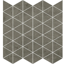 Mosaikfliese mit dreieckigem Muster in dunkelgrauer Steinoptik und hellen Fugen.