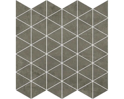 Mosaikfliese mit dreieckigem Muster in dunkelgrauer Steinoptik und hellen Fugen.