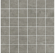 Quadratische Mosaikfliese in grauer Betonoptik aus Feinsteinzeug für Wand und Boden.