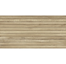 Feinsteinzeugfliese in Holzoptik mit horizontaler Lattenstruktur und sichtbarer Maserung.