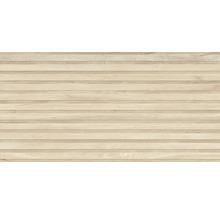 Wandfliese in Holzoptik mit horizontalen Lamellen.