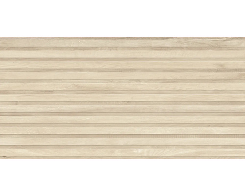 Wandfliese in Holzoptik mit horizontalen Lamellen.