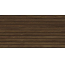 Wandpaneel in dunkler Holzoptik mit horizontalen Lamellen.
