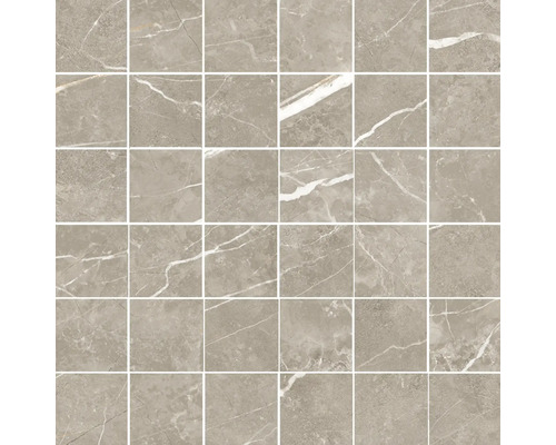 Quadratische Mosaikfliese in Marmoroptik mit hellen Aderungen.