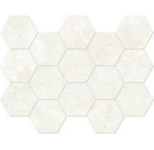 Sechseckige Mosaikfliese in Marmoroptik für Wand und Boden.