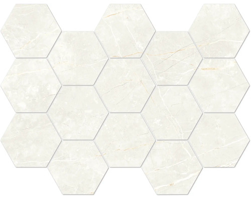Sechseckige Mosaikfliese in Marmoroptik für Wand und Boden.