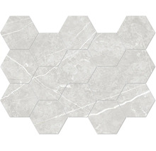 Hexagonales Mosaik in Marmoroptik mit feiner Äderung für Wand und Boden.