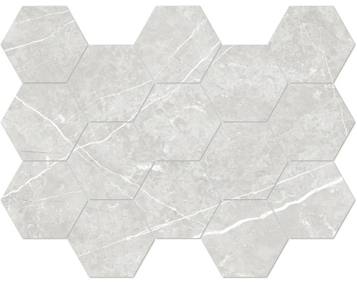 Hexagonales Mosaik in Marmoroptik mit feiner Äderung für Wand und Boden.