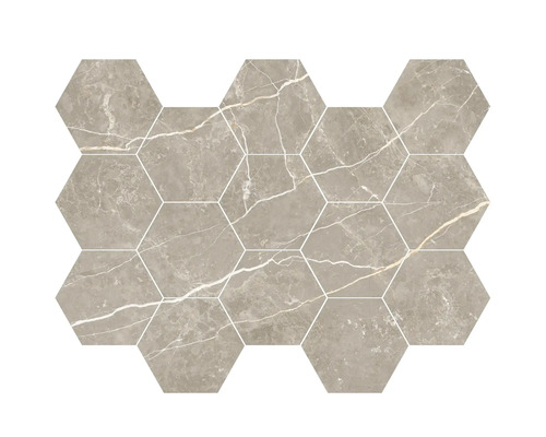 Graues hexagonales Mosaik aus Feinsteinzeug mit Marmor-Optik und hellen Adern.