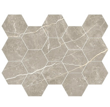 Graues hexagonales Mosaik aus Feinsteinzeug mit Marmor-Optik und hellen Adern.