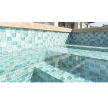 Schwimmbecken mit Mosaikfliesen an Wänden und Treppenstufen, klarem Wasser und Beckenrandsteinen.