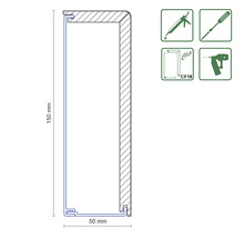 Technische Zeichnung eines Sockelleistenprofils, 150 Millimeter mal 50 Millimeter. Symbole zeigen Klebe-, Schraub-, Clip- und Tacker-Montage.