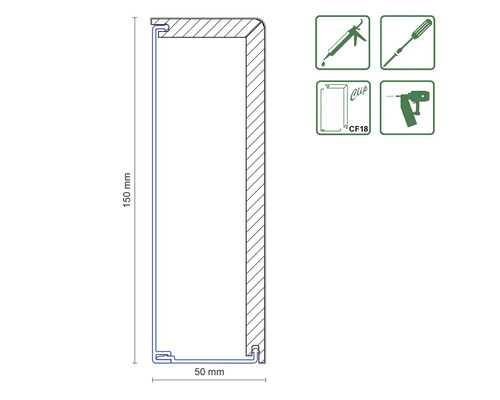 Technische Zeichnung eines Sockelleistenprofils, 150 Millimeter mal 50 Millimeter. Symbole zeigen Klebe-, Schraub-, Clip- und Tacker-Montage.