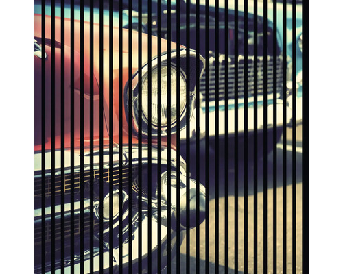 Wandbild mit Nahaufnahme eines Oldtimer-Scheinwerfers und einer Stoßstange mit vertikalen Streifen.