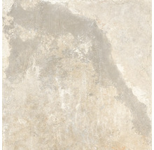 Quadratische Feinsteinzeugfliese in Steinoptik mit verwitterter Oberfläche in Beige und Grau.