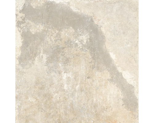 Quadratische Feinsteinzeugfliese in Steinoptik mit verwitterter Oberfläche in Beige und Grau.