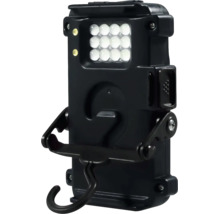 Tragbare LED-Arbeitsleuchte aus schwarzem Kunststoff mit Aufhängehaken, verstellbarem Standfuß und zwölf LED-Leuchtmitteln.