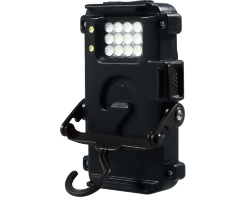 Tragbare LED-Arbeitsleuchte aus schwarzem Kunststoff mit Aufhängehaken, verstellbarem Standfuß und zwölf LED-Leuchtmitteln.