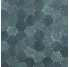 Sechseckige Wandfliesen und Bodenfliesen in blau-grüner Natursteinoptik mit matter Oberfläche.