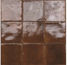 Quadratische Wandfliesen in Braun mit glänzender Oberfläche und handwerklicher Optik.