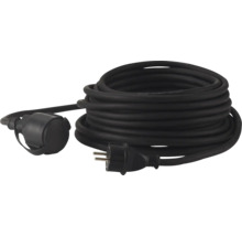 Schwarzes Verlängerungskabel aufgerollt mit Schutzkontaktstecker und Kupplung mit Verschlusskappe.