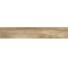 Bodenfliese aus Feinsteinzeug in beiger Holzoptik mit natürlicher Maserung und Astlöchern.