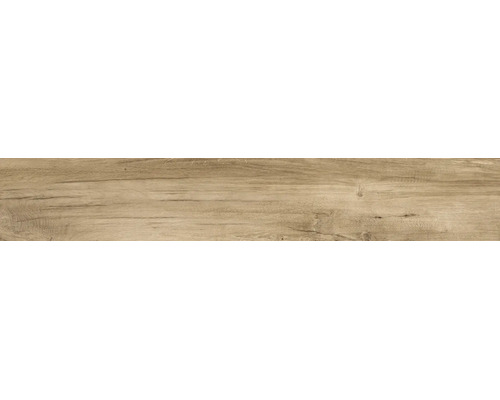Bodenfliese aus Feinsteinzeug in beiger Holzoptik mit natürlicher Maserung und Astlöchern.