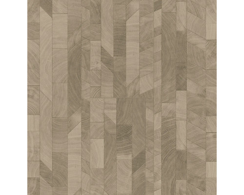Tapete mit geometrischem Holzmuster, Holzoptik mit sichtbarer Maserung und verschiedenen Plankenformen.