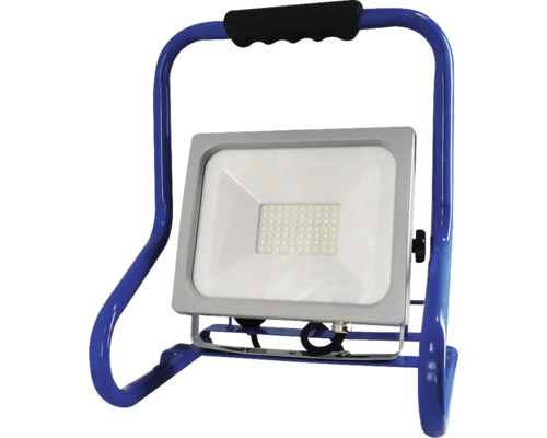 Tragbarer LED-Baustrahler mit blauem Metallgestell und schwarzem Tragegriff.