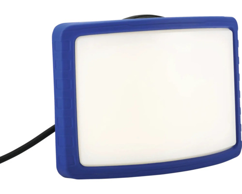 Mobiler LED-Baustrahler mit blauem Kunststoffgehäuse und Netzkabel.