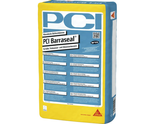 PCI Barraseal mineralische Dichtschlämme für Keller, Trinkwasser und Abwasser, zertifizierte Bauwerksabdichtung, PCI Logo, Sika Logo.