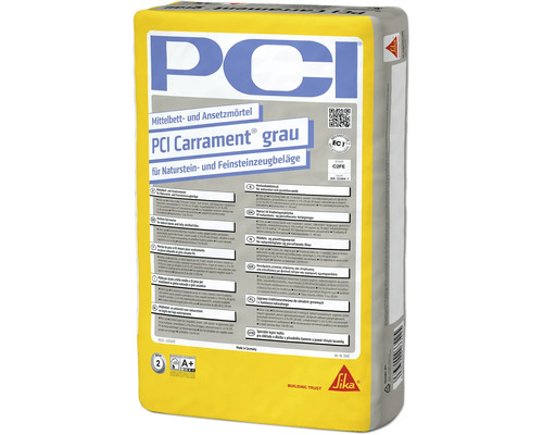 PCI Carrament Mittelbettmörtel und Ansetzmörtel für Natursteinbeläge und Feinsteinzeugbeläge, PCI Logo, Sika Logo