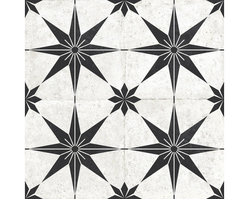 Bodenfliese oder Wandfliese mit Sternenmuster im Zementfliesen-Look, geometrisches Design für Bad oder Küche.