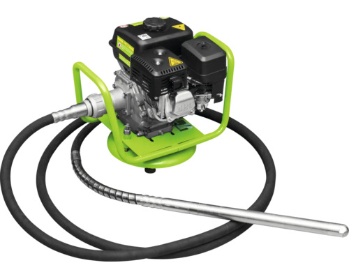 Benzin-Betonrüttler mit Motor, Schutzrahmen, flexiblem Schlauch und Rüttelflasche.