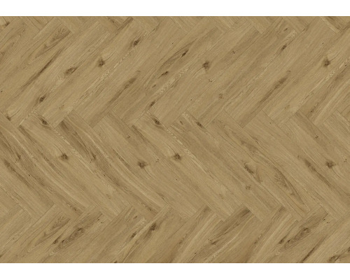 Laminatboden mit Fischgrätmuster und strukturierter Holzoptik.
