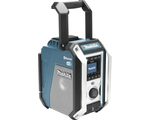 Robustes Baustellenradio mit Makita Logo, Bluetooth, DAB plus, Tragegriff und digitalem Display.