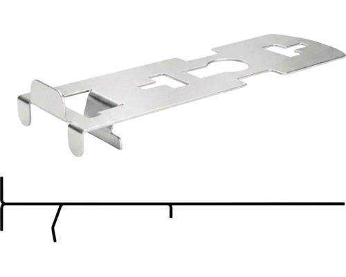 Montagehalterung aus Metall für Wandverkleidungen oder Fassadensysteme mit vorgefertigten Aussparungen.