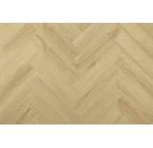 Laminatboden oder Vinylboden in Holzoptik verlegt im Fischgrätmuster mit einer naturgetreuen Holzmaserung.