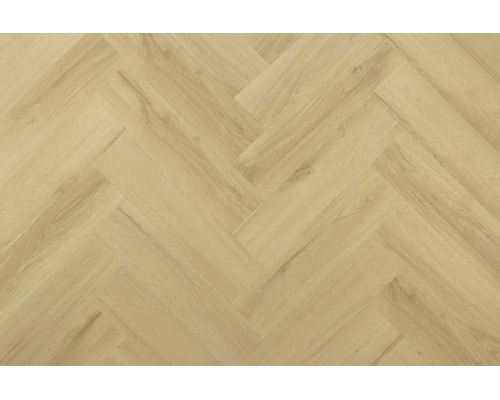 Laminatboden oder Vinylboden in Holzoptik verlegt im Fischgrätmuster mit einer naturgetreuen Holzmaserung.