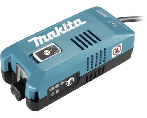 Makita Logo, Auto-Start Wireless System Adapter mit Einschaltknopf und Lüftungsschlitzen.