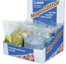 Mapei MapeGlitter Thekenaufsteller mit Beuteln für farbigen metallischen Glitzer als Fugenmörtelzusatz