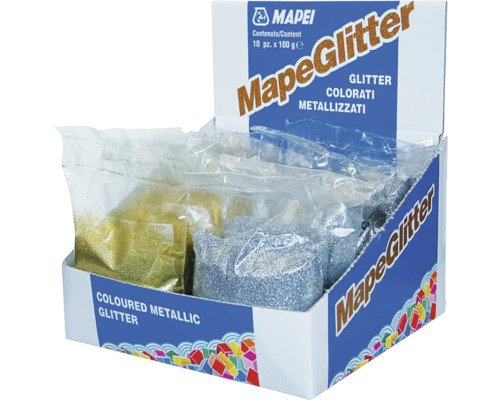 Mapei MapeGlitter Thekenaufsteller mit Beuteln für farbigen metallischen Glitzer als Fugenmörtelzusatz