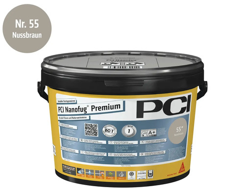 PCI Nanofug Premium Flexfugenmörtel in Nussbraun zur Verfugung von Fliesen und Naturstein im Eimer.