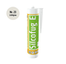 Silcofug E Silikondichtstoff in der Farbe Lichtgrau in der Kartusche mit beiliegender Dosierspitze.