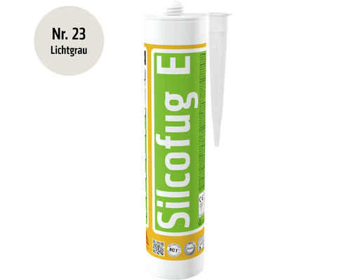 Silcofug E Silikondichtstoff in der Farbe Lichtgrau in der Kartusche mit beiliegender Dosierspitze.